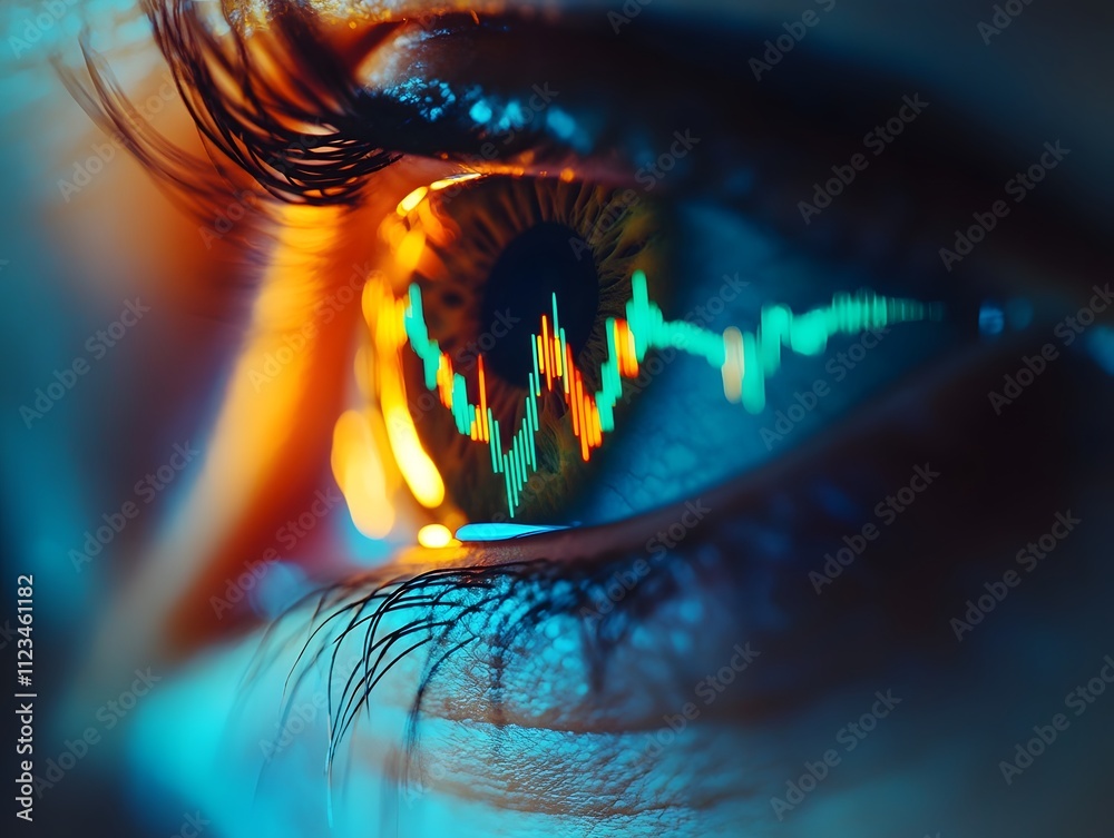 Poster close-up of an eye reflecting vibrant digital financial graph with colorful waves and light effects,