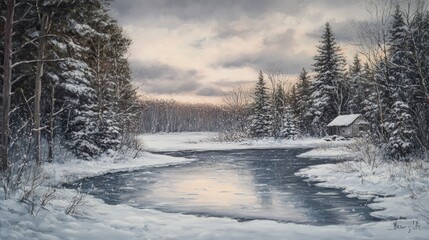 Fototapeta premium Winter Serenity, a tranquil scene of a frozen lake embraced by snow-laden trees, a distant cozy cabin radiating warmth, fostering a peaceful and inviting atmosphere.