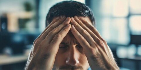 A close-up of hands pressing against temples, with veins and tension visible, set against a blurred background of an office workspace"