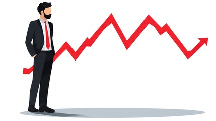 Businessman with a red graph showing growth, isolated on white background.