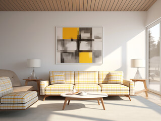 Midcentury modern style living room with yellow plaid couch and wall art. Mid mod living room interior. Plaid sofa.