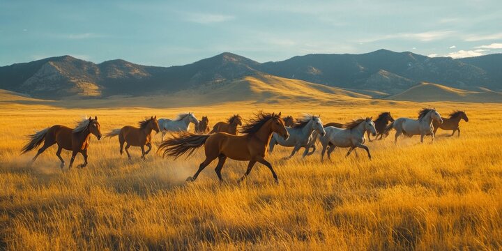 Wild horses galloping on sunlit grassland
