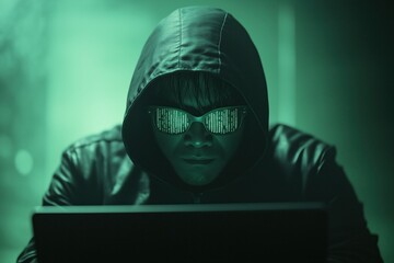 A mysterious figure with a hood and glasses engrossed in coding at night in a dimly lit room filled with green light