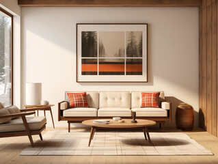 Midcentury modern style living room with red plaid couch and wall art. Mid mod living room interior. Plaid sofa.