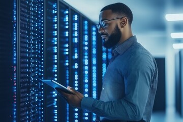 IT professional checks data on tablet while standing beside server racks in a modern data center during late evening hours