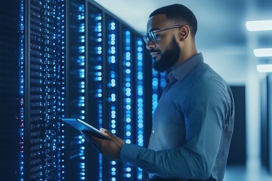 IT professional checks data on tablet while standing beside server racks in a modern data center during late evening hours