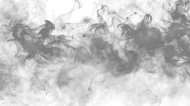 Abstract, swirling smoke patterns in shades of gray, creating a mesmerizing, ethereal and otherworldly visual effect with low opacity over a blank transparent png background