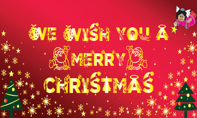 Naklejka premium Gold Christmas and New Year Typographical on red Xmas background with winter landscape with snowflakes, light, stars. Merry Christmas card.eps10