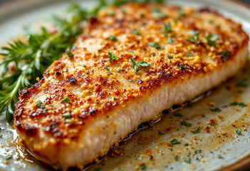 A photo of a roasted pork cutlet with a crispy Parmesan herb crust