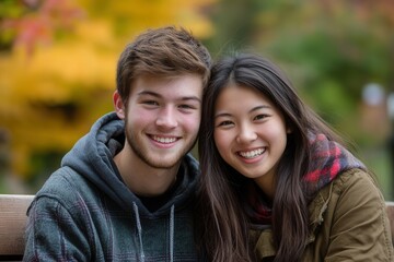 Fototapeta premium A young couple enjoys a cozy moment outdoors, smiling at each other. Vibrant autumn leaves create a picturesque backdrop. The warm atmosphere enhances their joyful expressions during this fall outing.