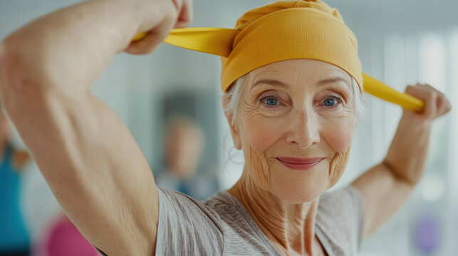Elderly woman using resistance bands in therapy - Powered by Adobe