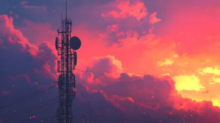 Obraz premium Telecommunications tower silhouetted against a vibrant sunset sky