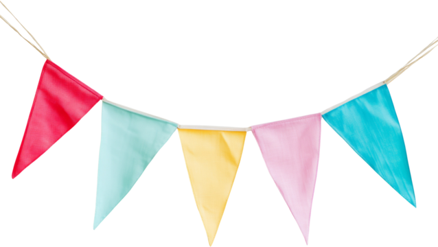 Colorful triangular pennant flags on string against transparent background