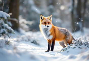 A red fox standing in the snow, with a snowy forest background