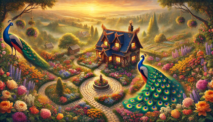 Naklejka premium Peacock Paradise in Enchanted Garden