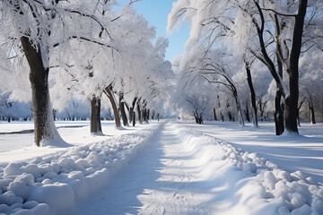 Obraz premium sparkling snow in a winter park, virgin snow and snow-covered trees covered with frost. 