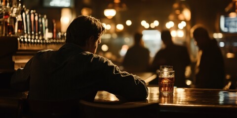 Naklejka premium A man sitting alone in a bar, his glass of whiskey half-empty, with dim lighting and blurred patrons in the background to symbolize solitude and negative coping