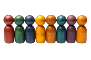 Colorful wooden figurines standing in a row, representing diversity and unity, against a white isolate background.