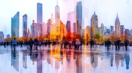 Dynamic Abstract of Busy City Square with People Walking in Various Directions