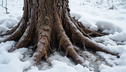 Melting snow around a tree trunk revealing damp bark and wet roots, highlighting nature’s seasonal transition