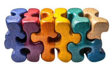 Colorful wooden puzzle pieces arranged in a row, showcasing intricate designs and vibrant colors, ideal for creativity and problem-solving.