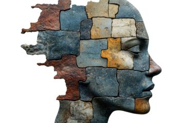 Conceptual artwork of a human head made of puzzle pieces, symbolizing complexity and individuality, on a white isolated background.