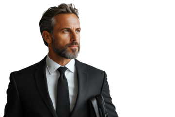 Confident businessman in a suit, looking thoughtfully to the side, isolated on white background. Perfect for corporate or professional themes.