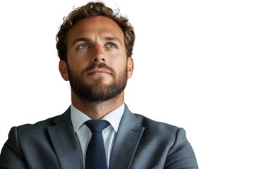 Confident businessman in a suit, looking thoughtfully into the distance, isolated on a white background.