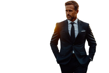 Confident businessman in a suit walking thoughtfully on a city street, exuding professionalism and leadership against a soft, blurred background.