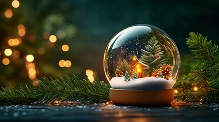 Magical Christmas snow globe with pine tree and falling snow. Generative AI