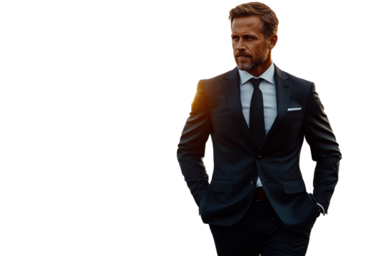 Confident businessman in a suit walking thoughtfully on a city street, exuding professionalism and leadership against a soft, blurred background.