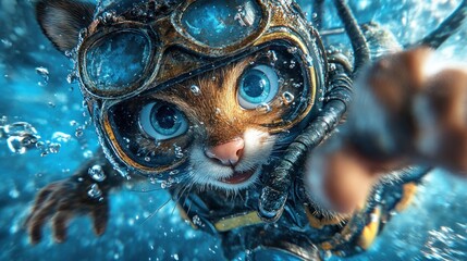 Whimsical Cat in Scuba Gear Explores Underwater World, Signifying Adventure, Creativity & Exploration
