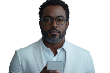 Confident man in a white suit holding a smartphone, posing against a transparent background. Ideal for business and technology themes.