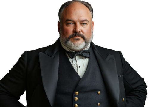 Confident man in formal wear, wearing tuxedo with bow tie, having a distinguished presence and strong expression, isolated on white background.