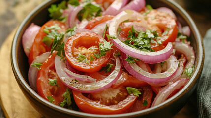 Onion and tomato salad top view, healthy lunch dish showcasing vibrant cuisine, plated diet friendly green meal recipe with fresh vegetable medley.