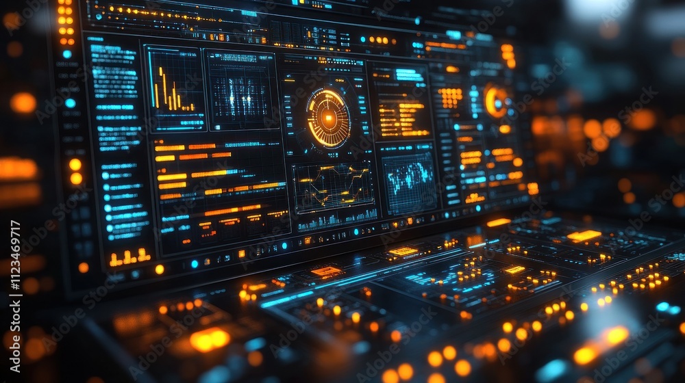 Poster futuristic digital interface displaying data analytics