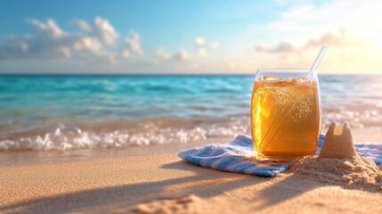 Plastic Straw on Beach with Clear Water. Generative AI