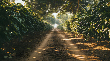Obraz premium A scenic dirt road leading to a coffee plantation lined with tall shade trees and rows of vibrant plants.