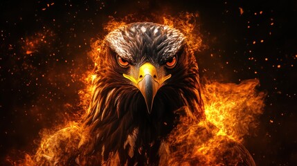 Majestic eagle emerging from fiery darkness