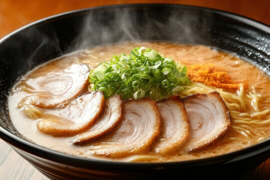 Steaming tonkotsu ramen with chashu pork and green onions in black bowl.