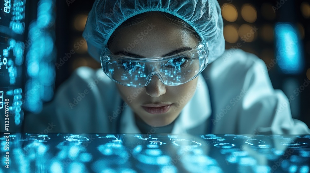 Poster scientist analyzing data with digital interface