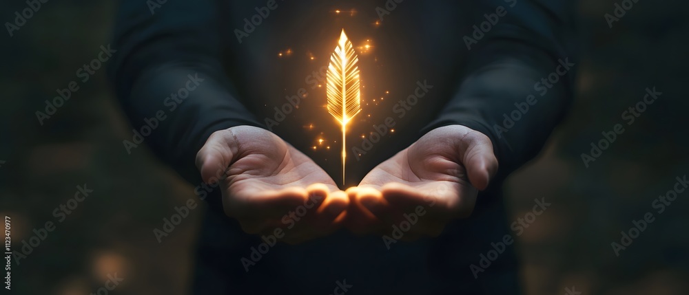 Poster hands holding a glowing feather symbolizing creativity, inspiration, and imagination in a dark envir