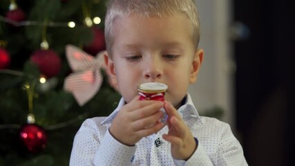 Happy child holding snow globe with figurine of Santa Claus. Smiling face of little boy near Christmas tree. Merry Christmas and Happy New year winter holidays.