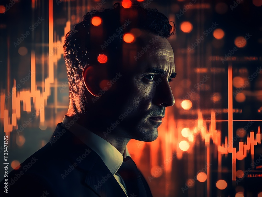Aufkleber Intense Businessman in Profile Against Abstract Financial Background with Graphs and Data Visualizations Highlighting Market Trends and Investment Strategies