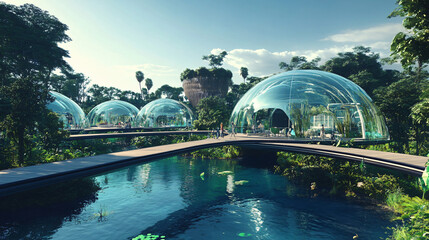 Fototapeta premium A floating city within glass domes on an asteroid, magnetic bridges connecting lush parks and tranquil residential areas.