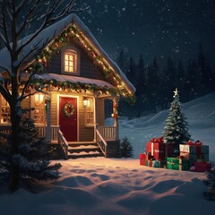 Naklejka premium Christmas tree and house