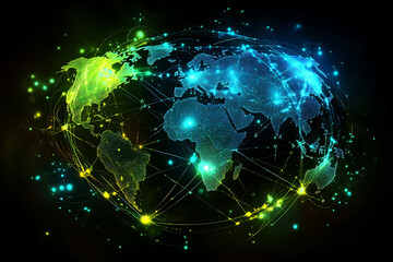Obraz premium A digital art illustration of a worldwide network connection, featuring glowing lines and dots spanning a globe