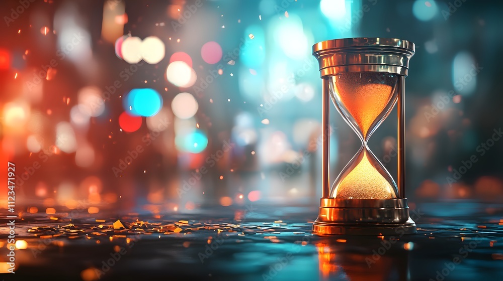 Poster artistic hourglass with flowing sand against a softly blurred night background creating a dreamy and