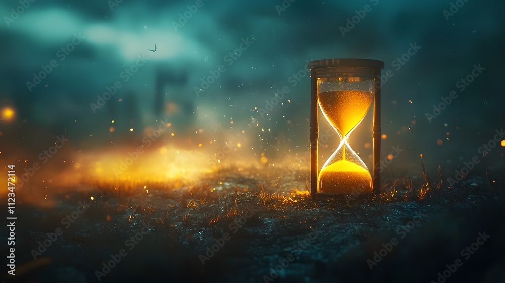 Poster mesmerizing hourglass illuminated in enchanting glow amidst mystical landscape with glowing particle