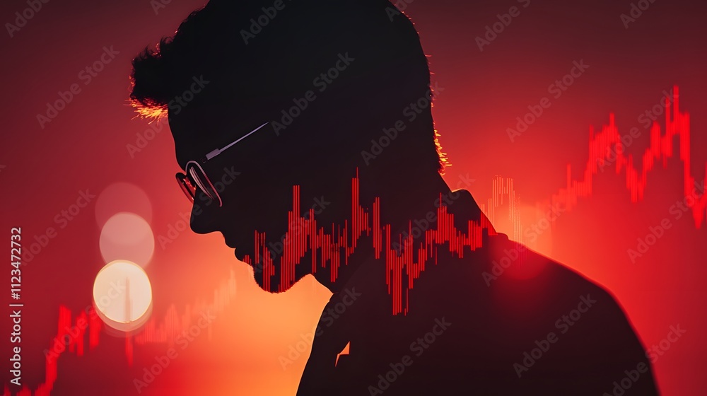 Aufkleber profile of an analytical businessman against a dramatic red background with stock market graph overl